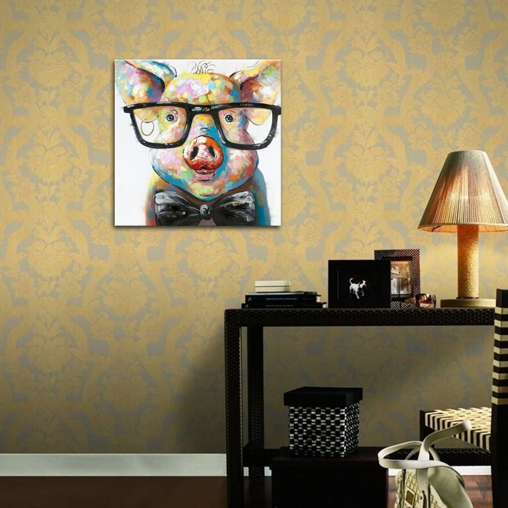 Happy Pig with Glasses Paintings for Living Room Hand Painted Canvas Wall Art for Living Room with Rasied Texture on Canvas Stretched Ready to Hang(24X24In)