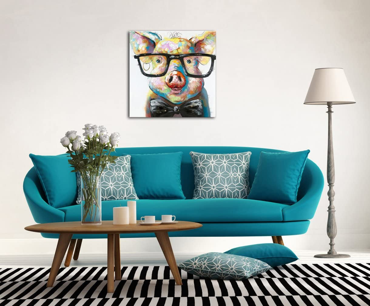 Happy Pig with Glasses Paintings for Living Room Hand Painted Canvas Wall Art for Living Room with Rasied Texture on Canvas Stretched Ready to Hang(24X24In)