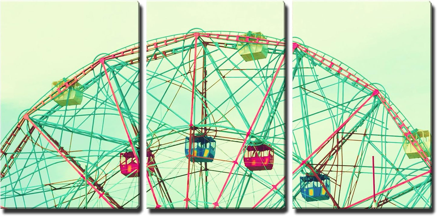 - 3 Piece Canvas Wall Art - Ferris Wheel - Modern Home Art Stretched and Framed Ready to Hang - 16"X24"X3 Panels