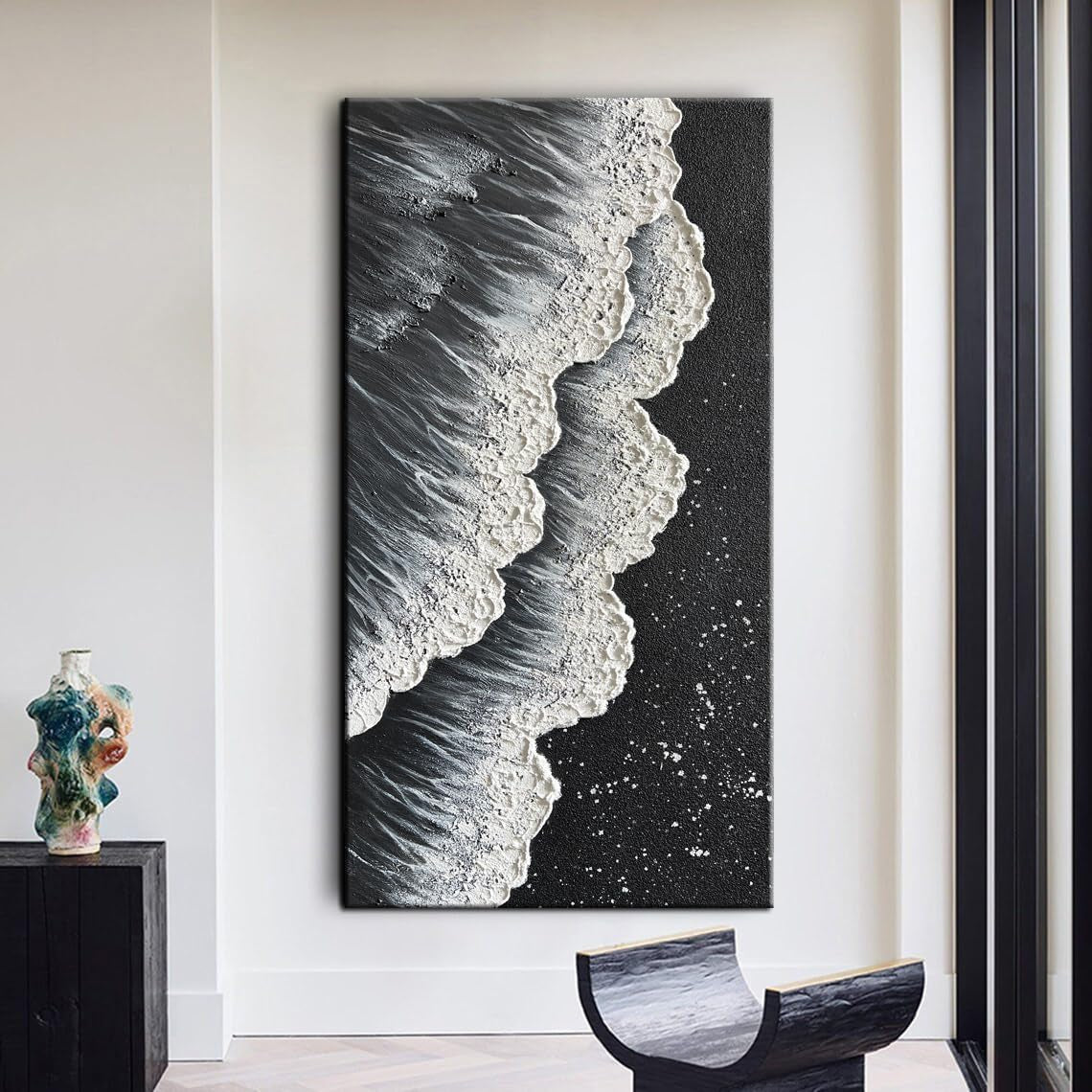 - Oil Painting on Canvas Texture Black and White Ocean Scenery Sandbeach 3D Oil Painting Hand-Painted Abstract Artwork Paintings Modern Home Decor Living Room Sofa Bedroom Dining Room Hanging Pictures Canvas Wall Art 24X48Inch