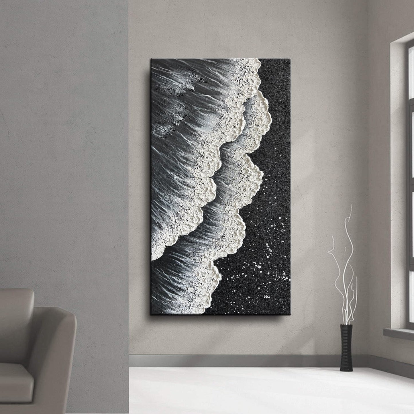 - Oil Painting on Canvas Texture Black and White Ocean Scenery Sandbeach 3D Oil Painting Hand-Painted Abstract Artwork Paintings Modern Home Decor Living Room Sofa Bedroom Dining Room Hanging Pictures Canvas Wall Art 24X48Inch