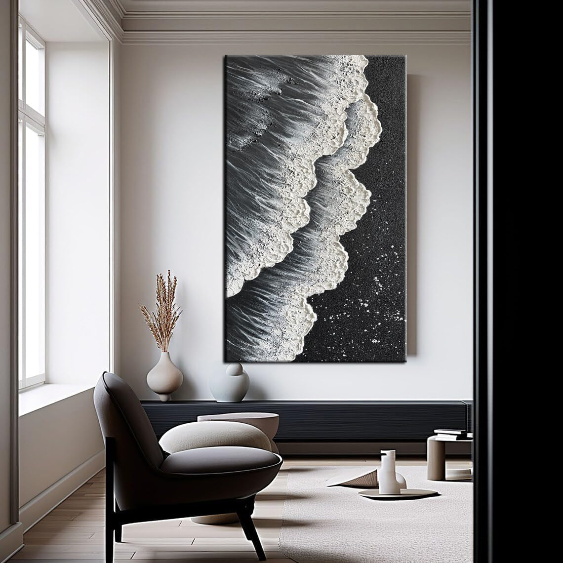 - Oil Painting on Canvas Texture Black and White Ocean Scenery Sandbeach 3D Oil Painting Hand-Painted Abstract Artwork Paintings Modern Home Decor Living Room Sofa Bedroom Dining Room Hanging Pictures Canvas Wall Art 24X48Inch