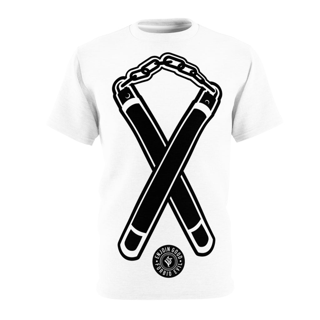 Nunchuck Enjoin Good X Forbid Evil — White Tee