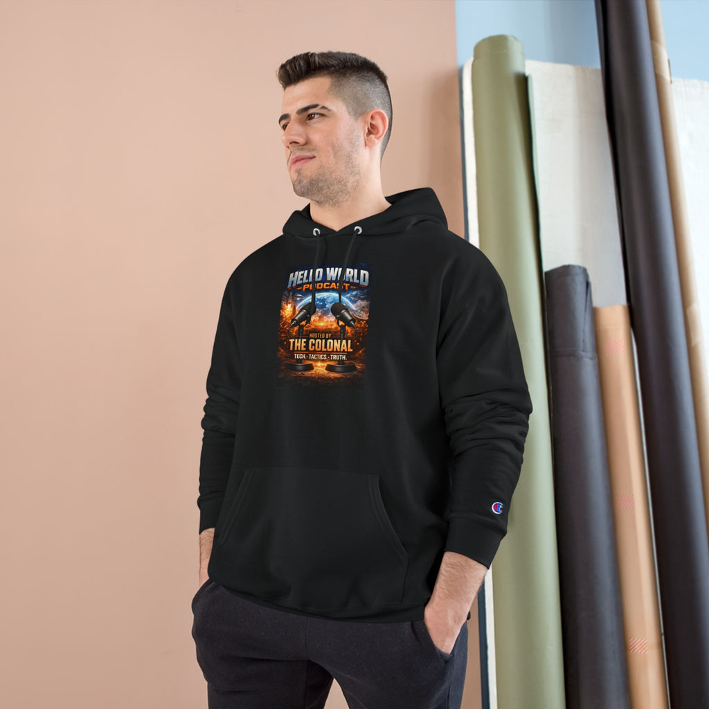 Hello World Podcast Hoodie — "Hosted by The Colonial" Graphic Pullover