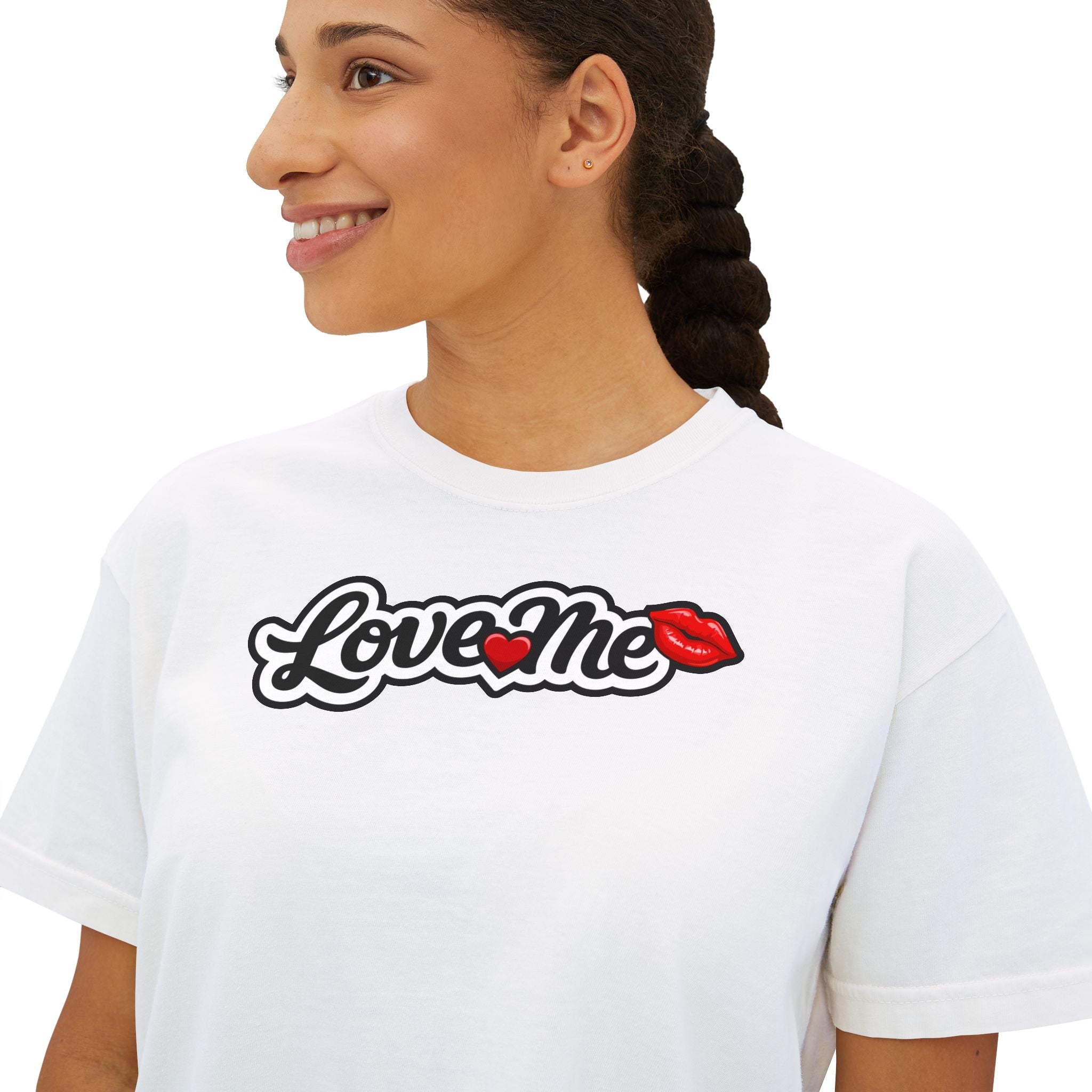 Love Me Boxy Tee — Women's Cropped Graphic T-Shirt with Kiss Logo