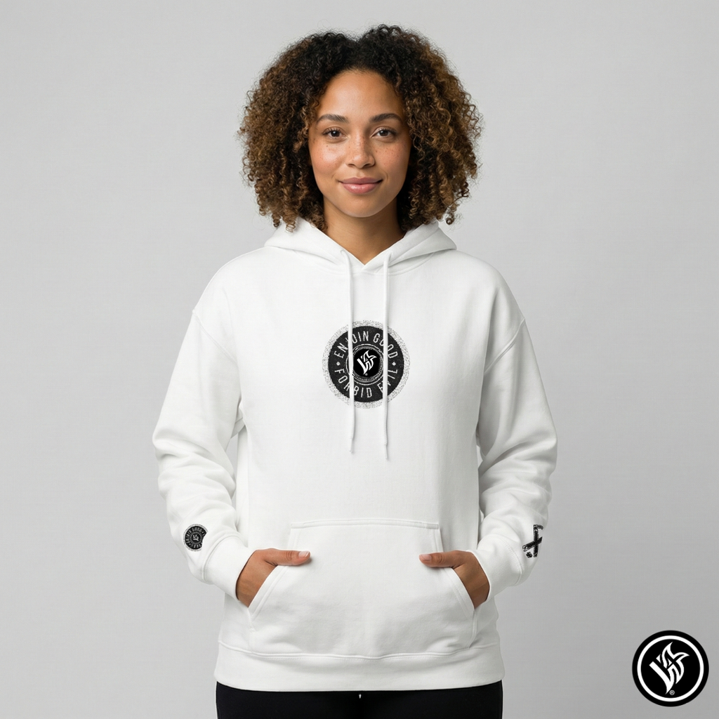 Emblem Enjoin Good X Forbid Evil — White Hoodie
