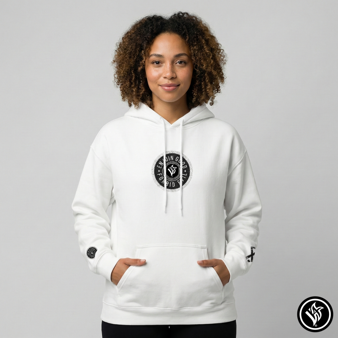 Emblem Enjoin Good X Forbid Evil — White Hoodie