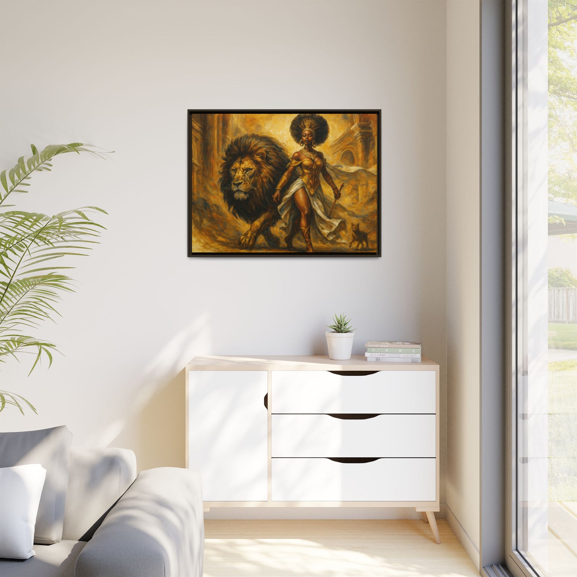 Empowering Framed Art Print, Warrior Woman and Lion Wall Decor, Inspirational Artwork, African Heritage Gift, Home Office Decoration