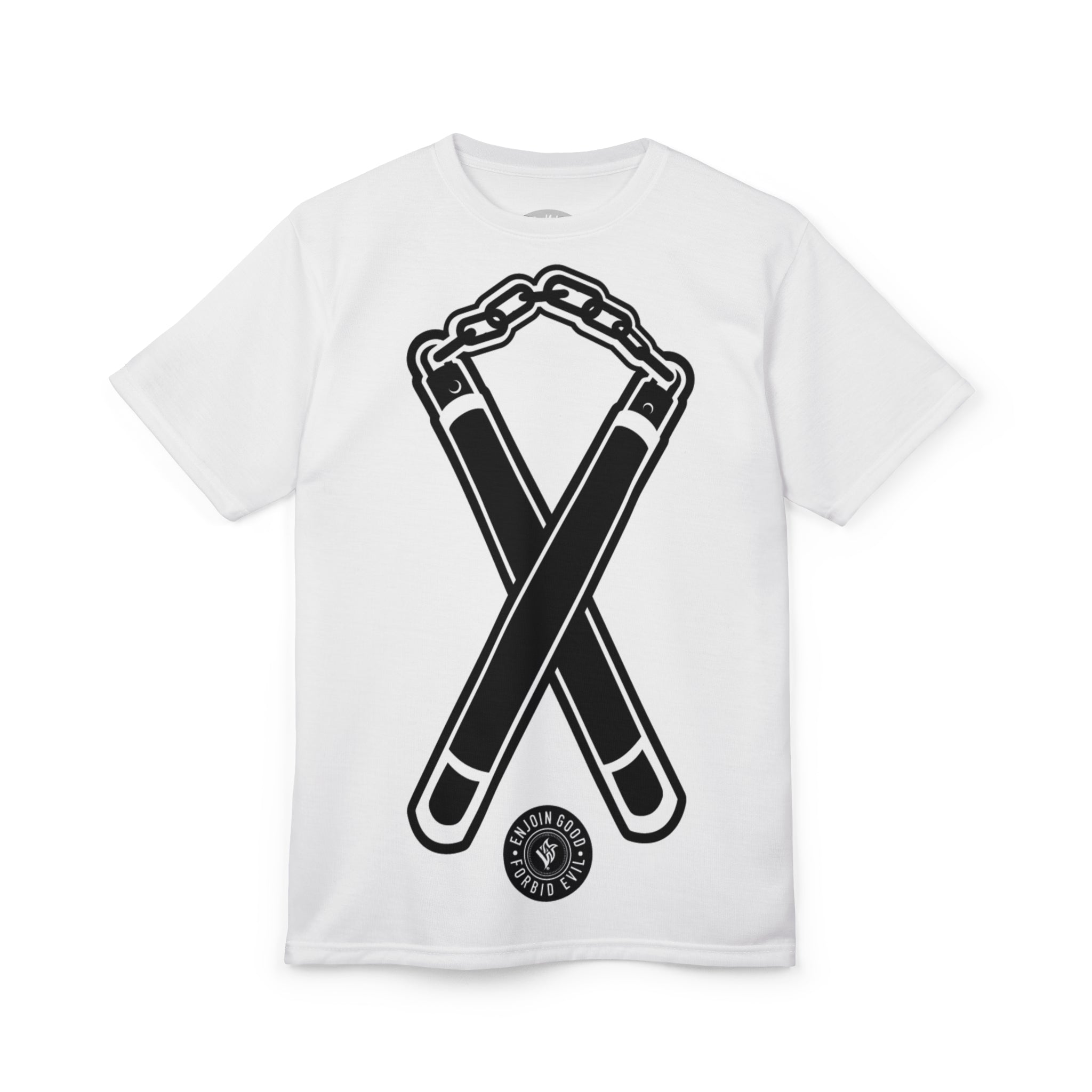 Nunchuck Enjoin Good X Forbid Evil — White Tee