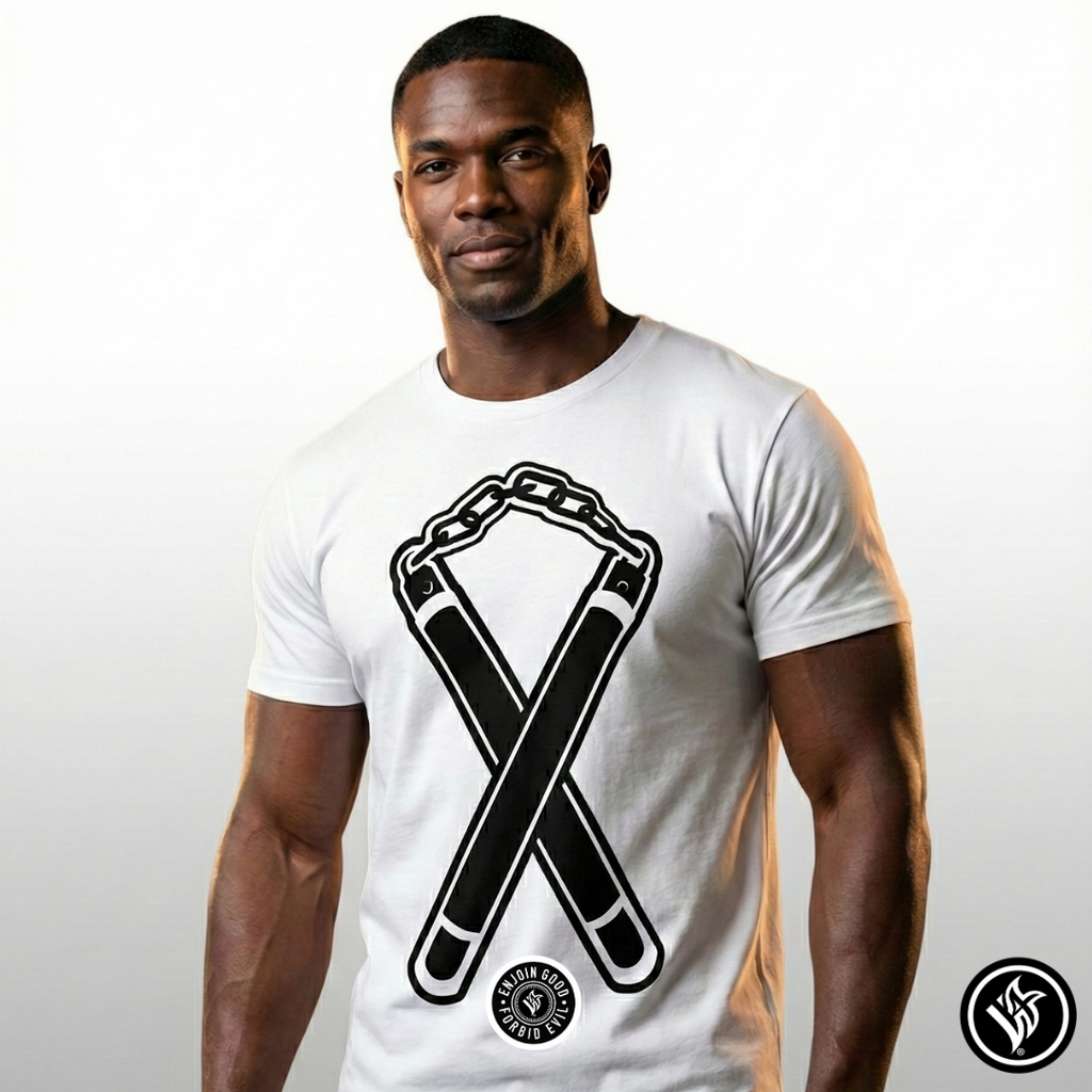 Nunchuck Enjoin Good X Forbid Evil — White Tee