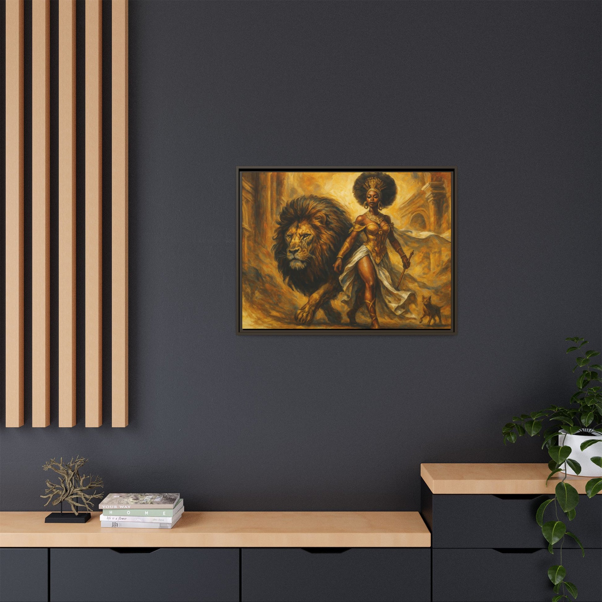 Empowering Framed Art Print, Warrior Woman and Lion Wall Decor, Inspirational Artwork, African Heritage Gift, Home Office Decoration