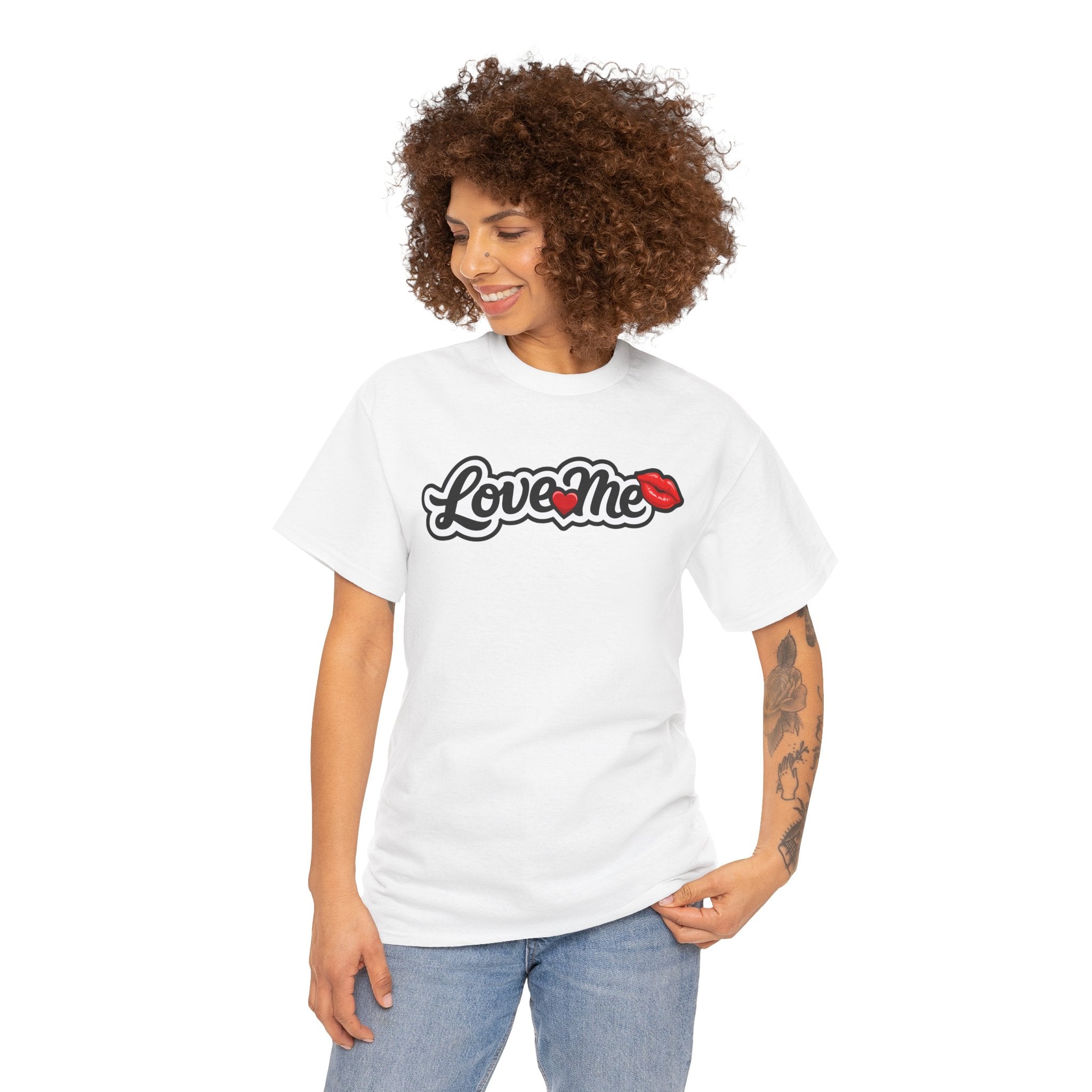 Love Me Graphic Tee — Retro Script with Kiss Lip Accent