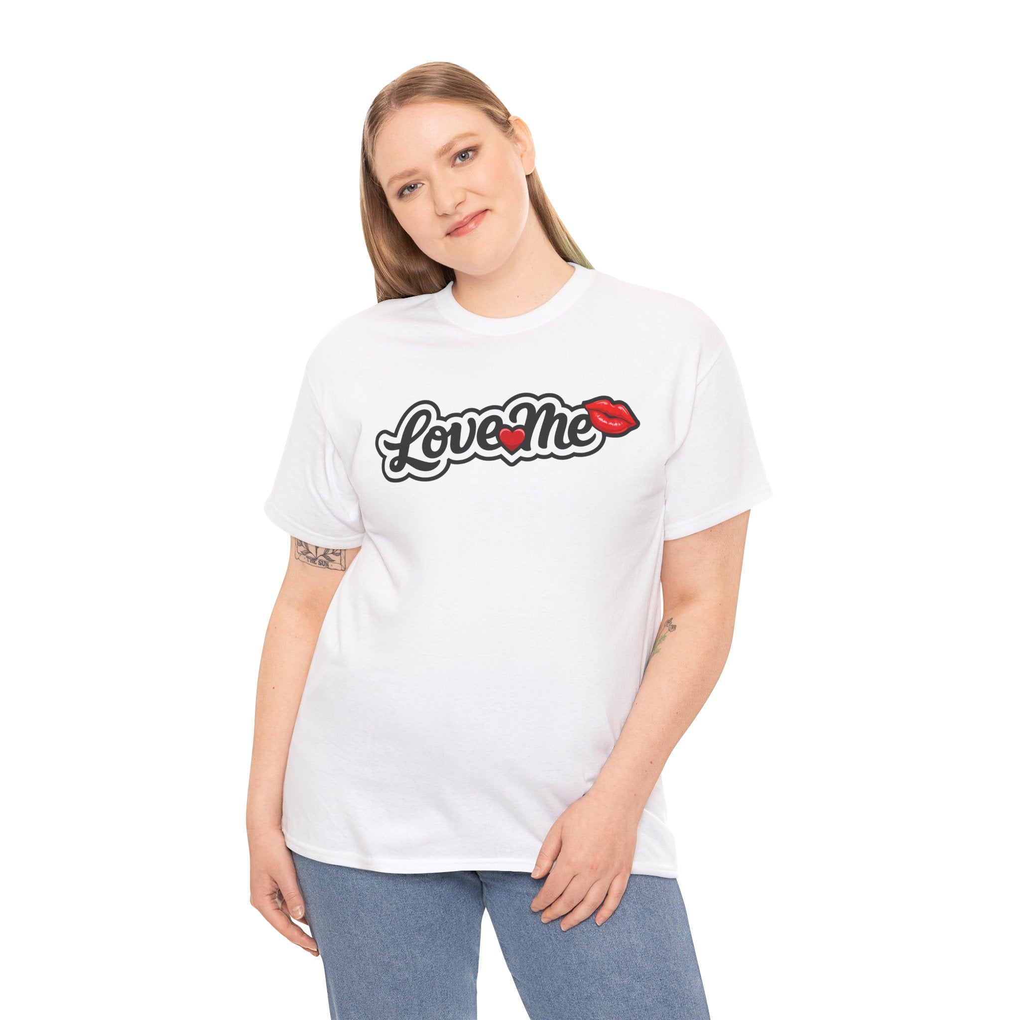 Love Me Graphic Tee — Retro Script with Kiss Lip Accent