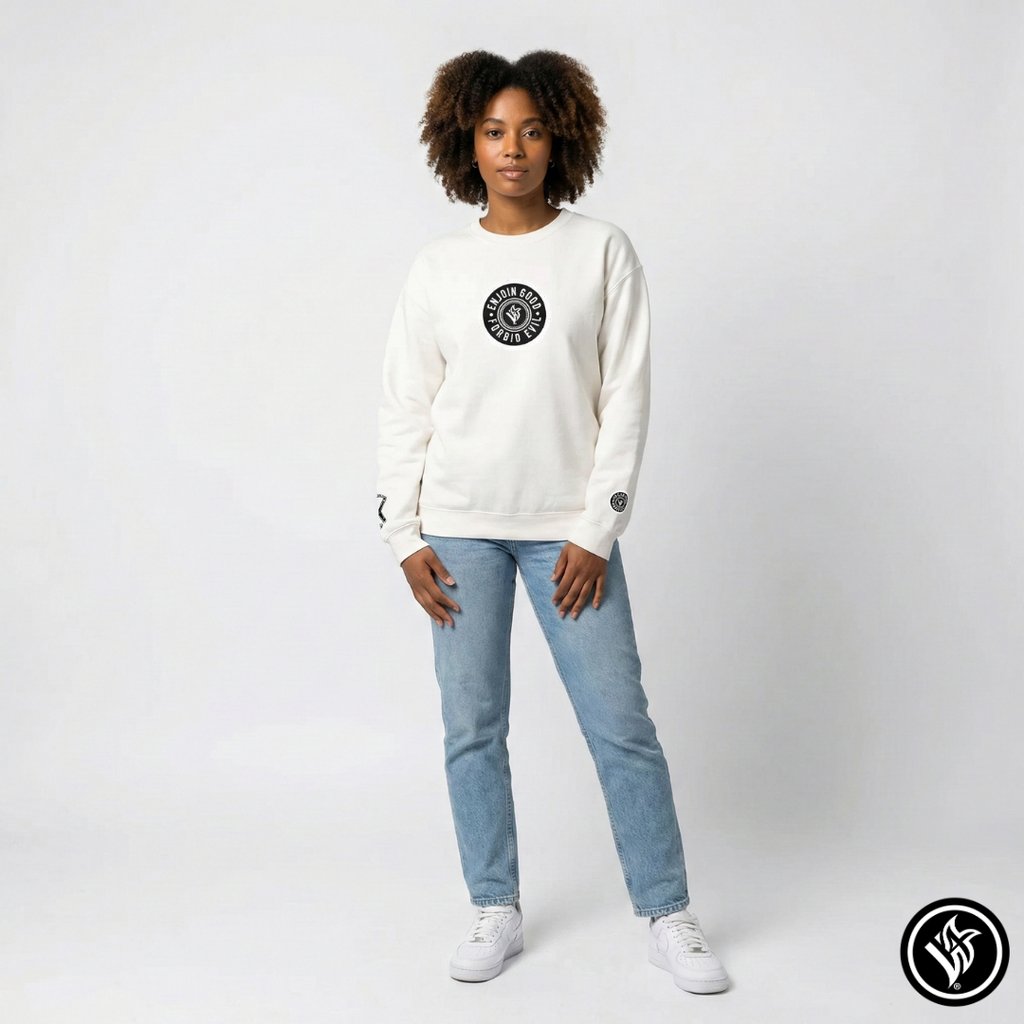 Emblem Enjoin Good X Forbid Evil — White Crewneck Sweatshirt
