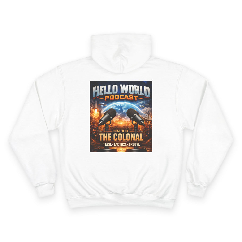 Hello World Podcast Hoodie — "Hosted by The Colonial" Graphic Pullover