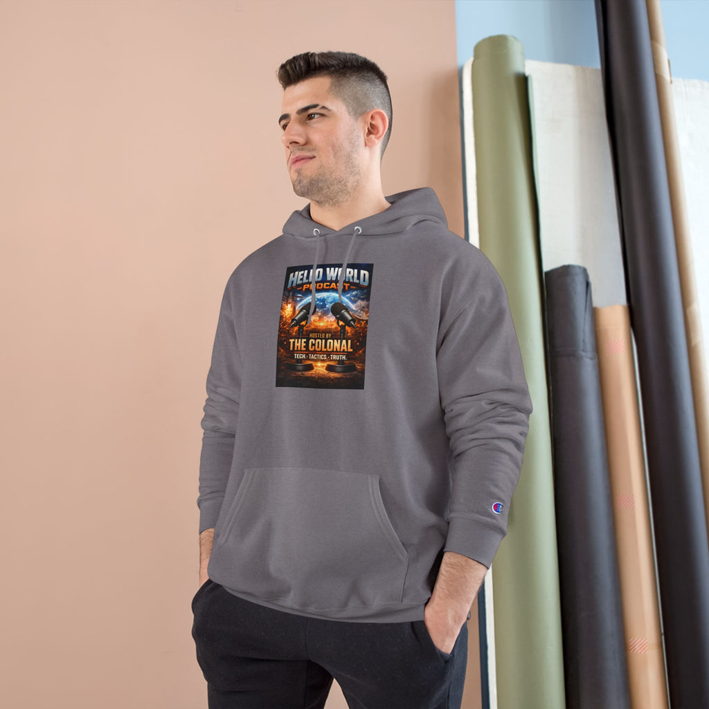 Hello World Podcast Hoodie — "Hosted by The Colonial" Graphic Pullover