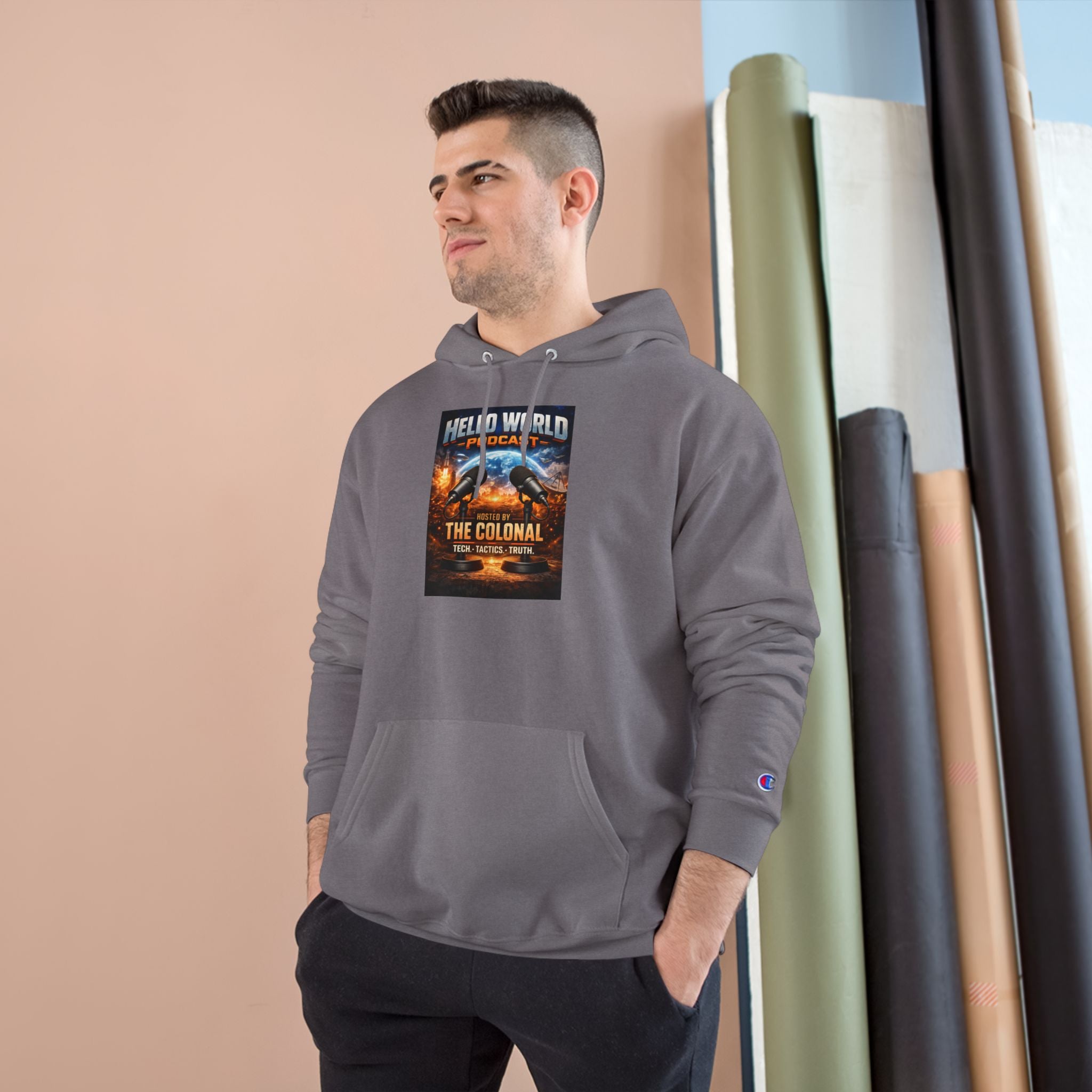Hello World Podcast Hoodie — "Hosted by The Colonial" Graphic Pullover