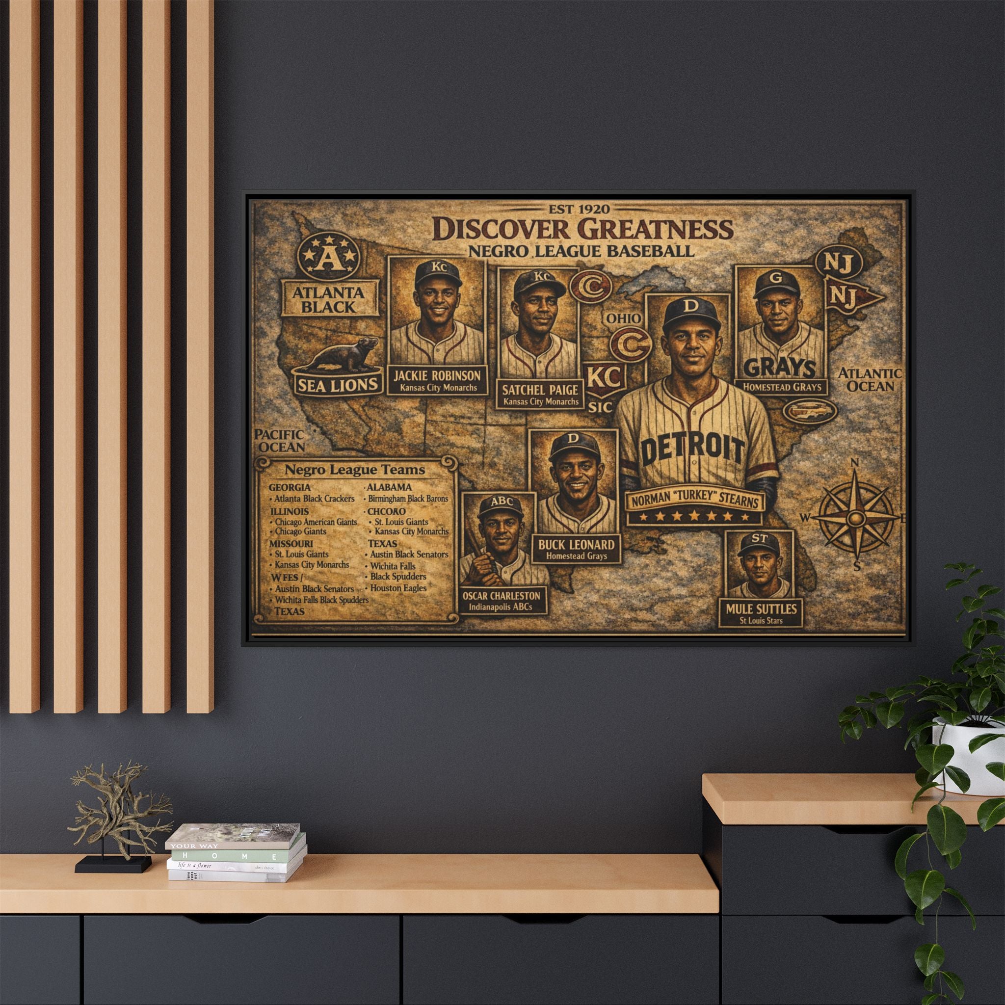 Negro League Baseball Vintage Canvas Print — "Discover Greatness" Framed Matte Artwork