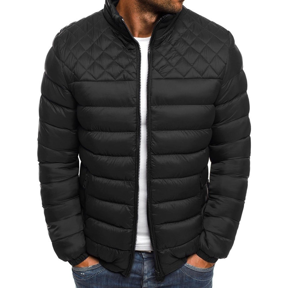 Men's Coat Winter Solid Color Stand Collar Jacket Fashion Rhombus Sewing Design Coat Casual Business Clothing