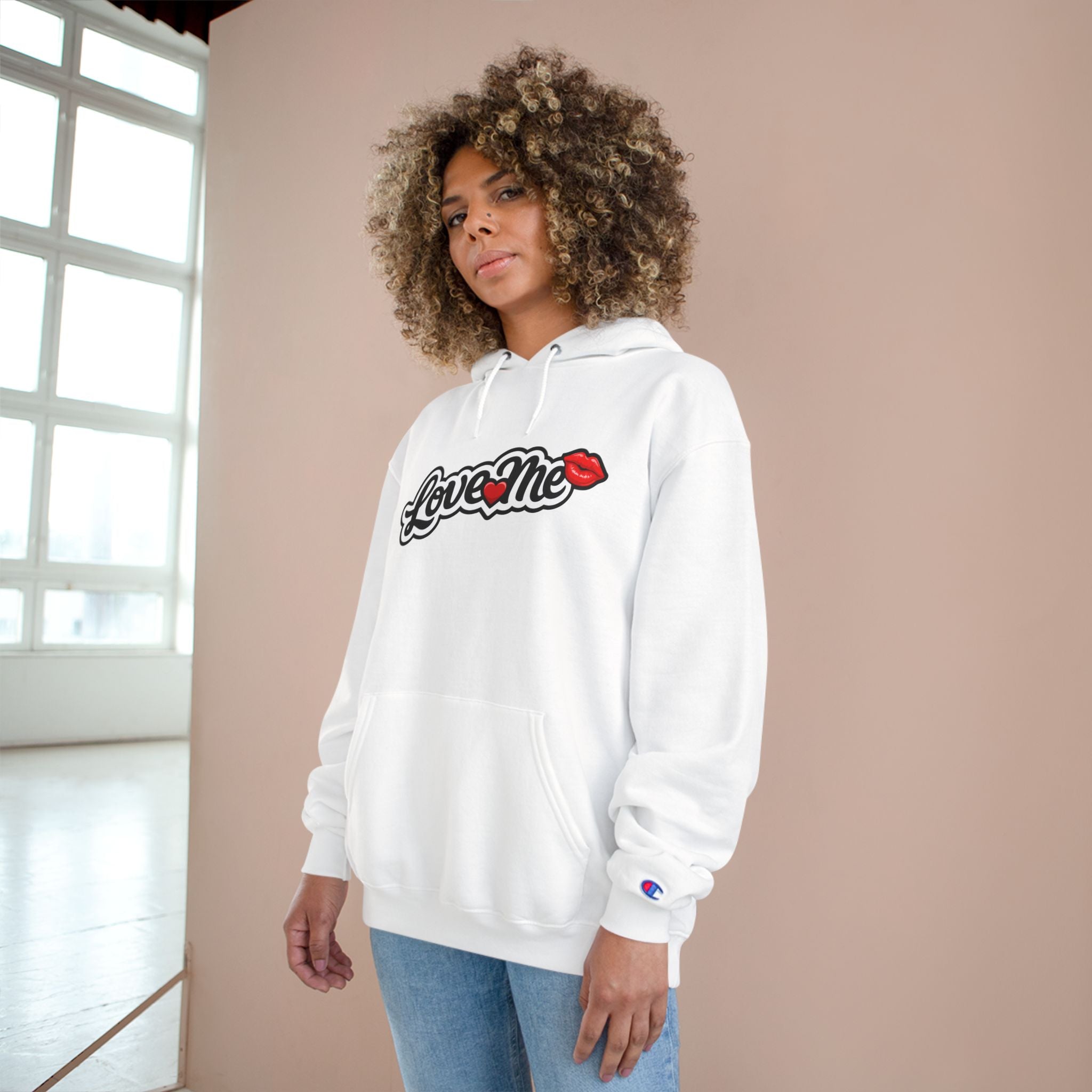 Love Me Hoodie — White Champion Pullover with Lip Kiss Graphic