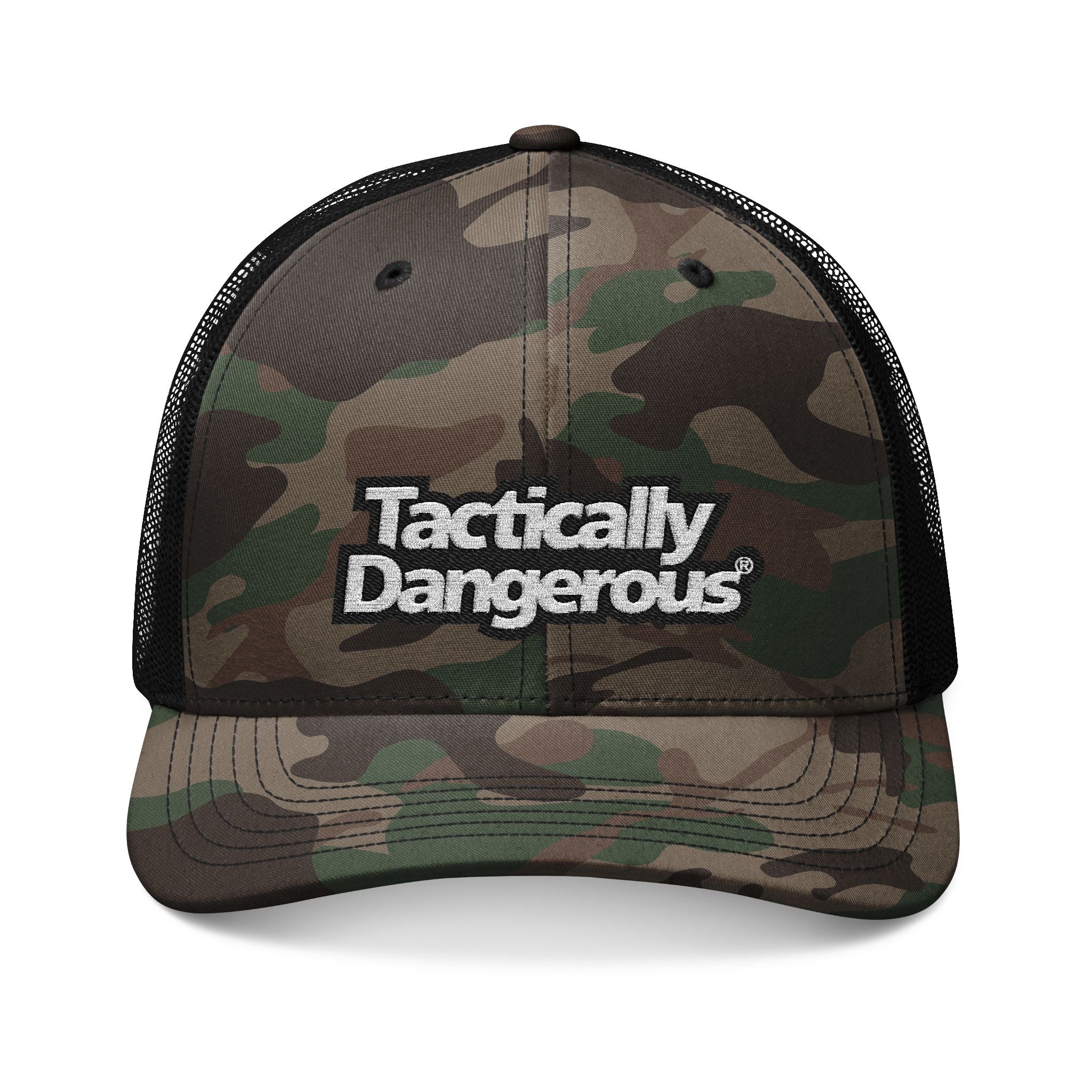 Tactically Dangerous Camo Trucker Hat — Embroidered Mesh Cap