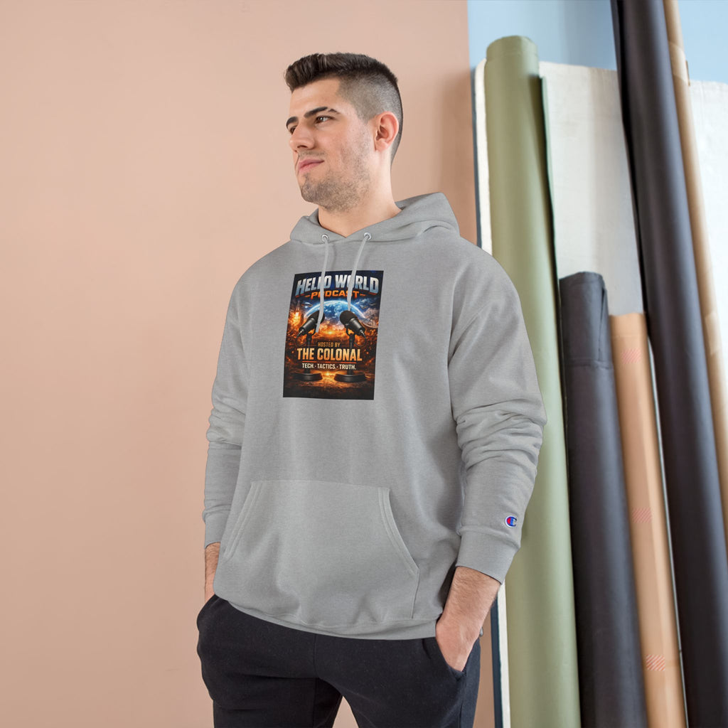 Hello World Podcast Hoodie — "Hosted by The Colonial" Graphic Pullover