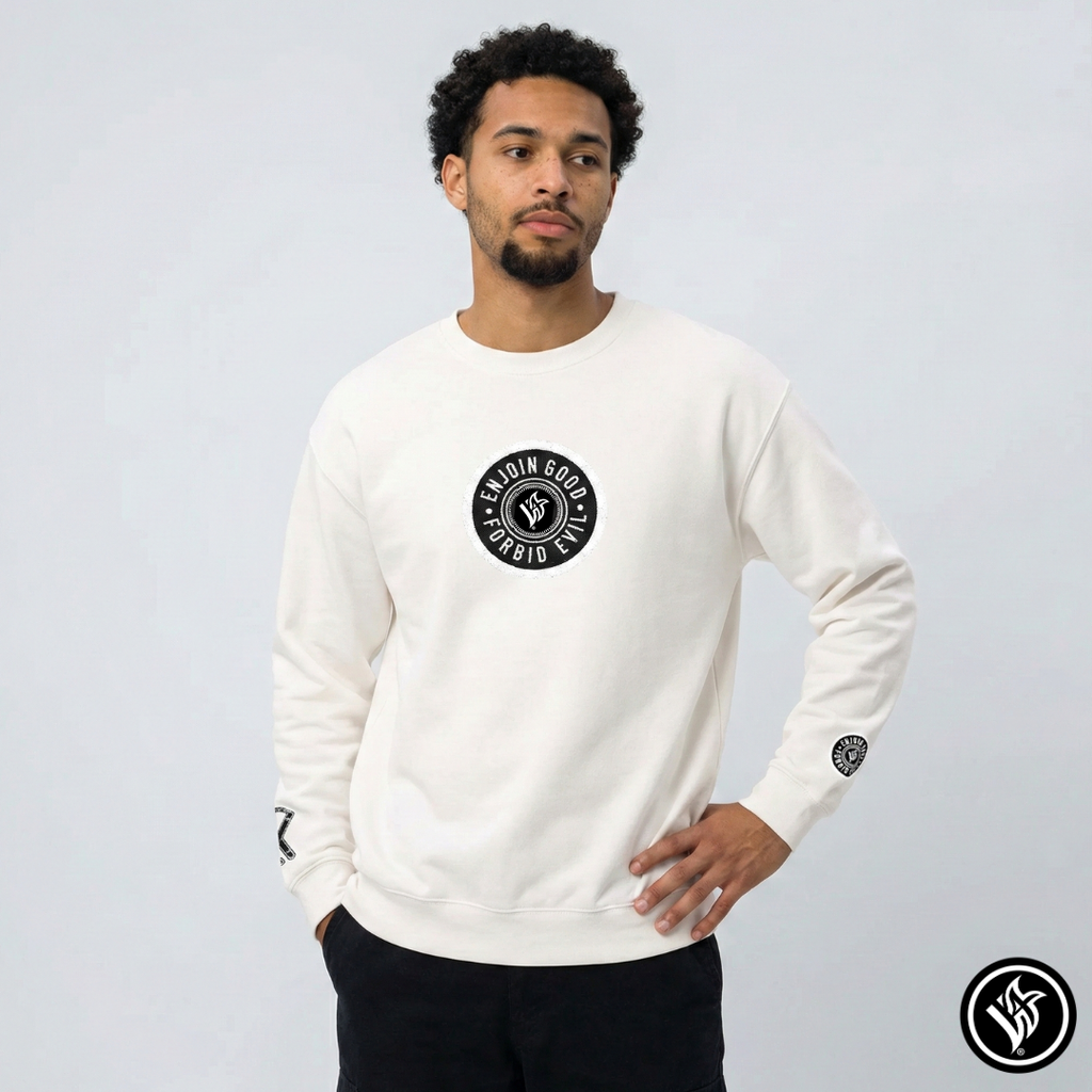 Emblem Enjoin Good X Forbid Evil — White Crewneck Sweatshirt