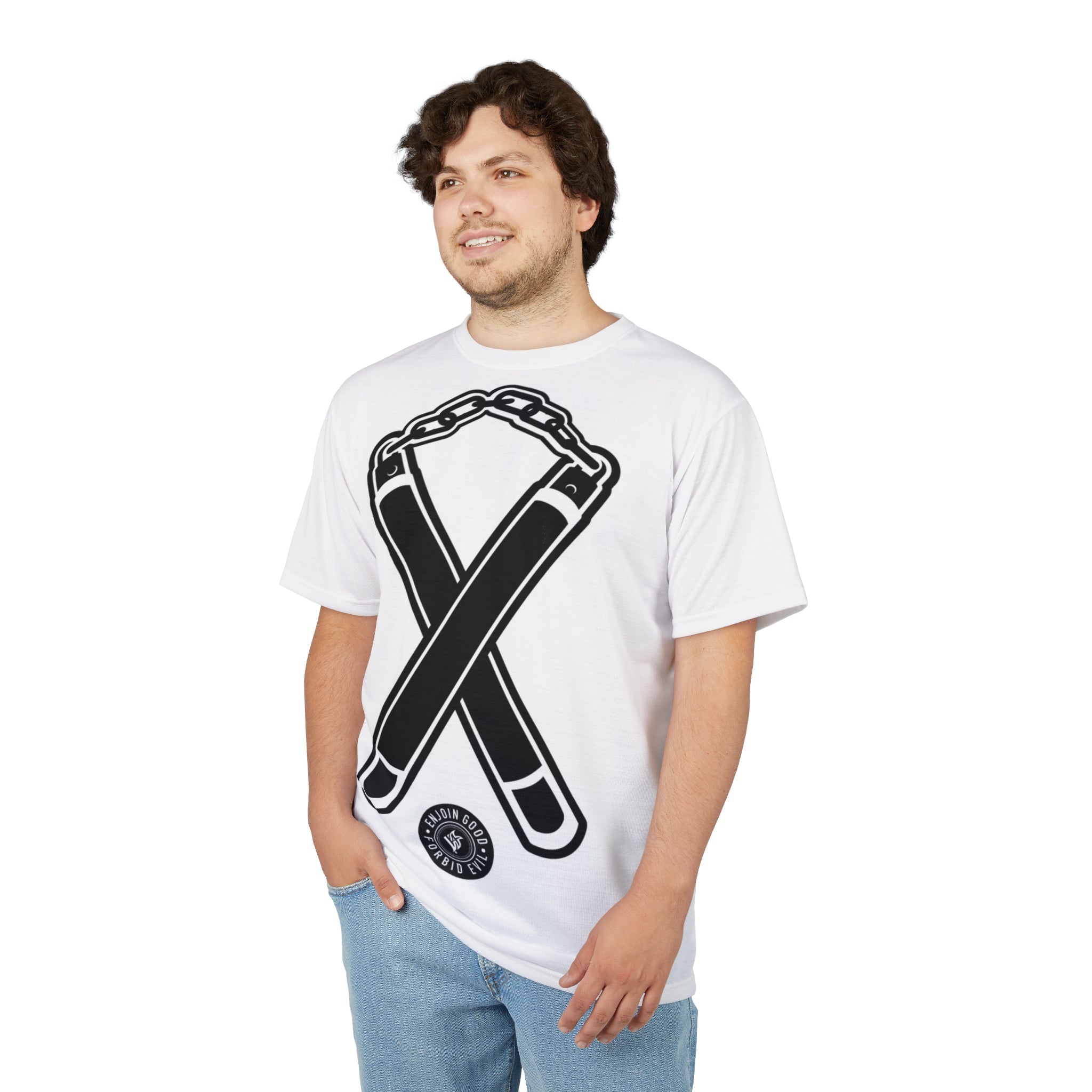 Nunchuck Enjoin Good X Forbid Evil — White Tee
