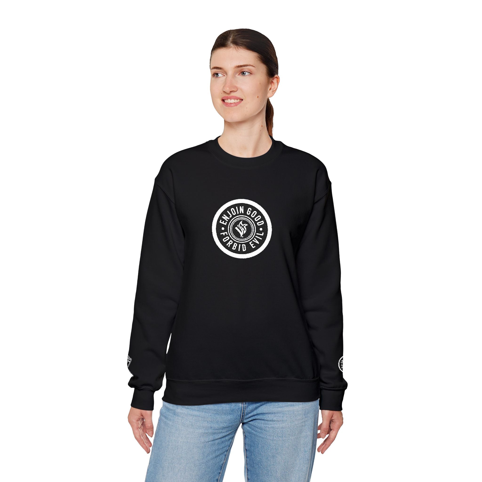Emblem Enjoin Good X Forbid Evil — Black Crewneck Sweatshirt