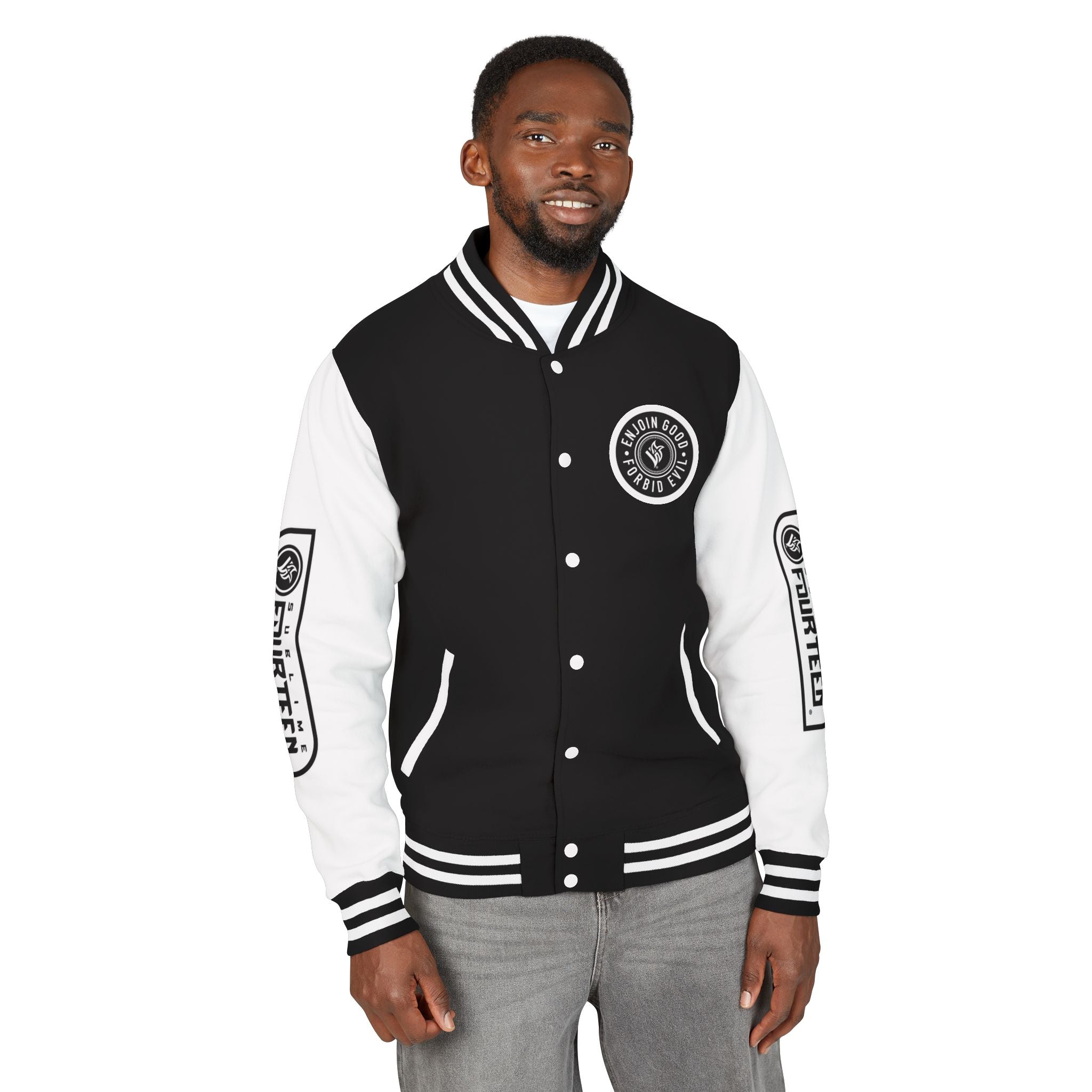 Sublime 14 Unisex Heavyweight Letterman Jacket — Black & White Emblem & Nunchucks Badge
