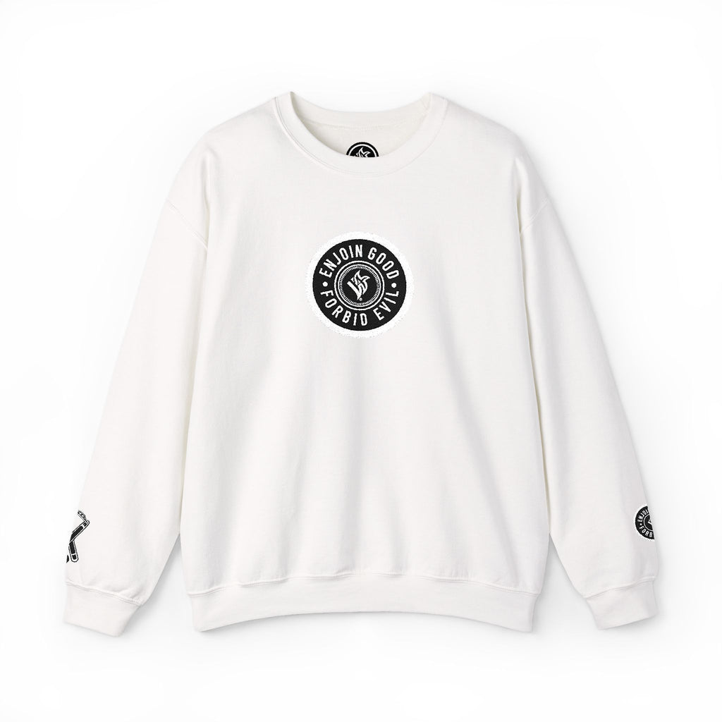 Emblem Enjoin Good X Forbid Evil — White Crewneck Sweatshirt