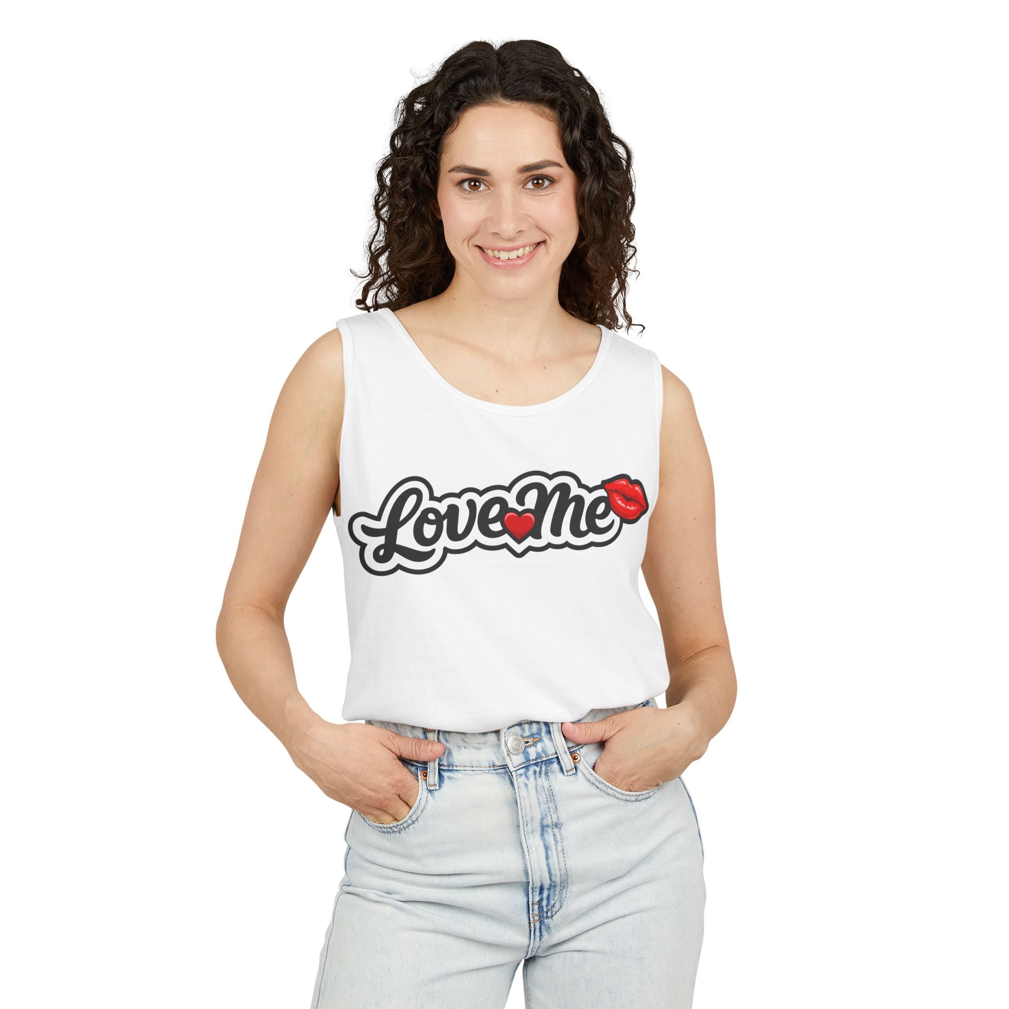 Love Me Tank Top — Retro Script with Heart & Kiss Graphic