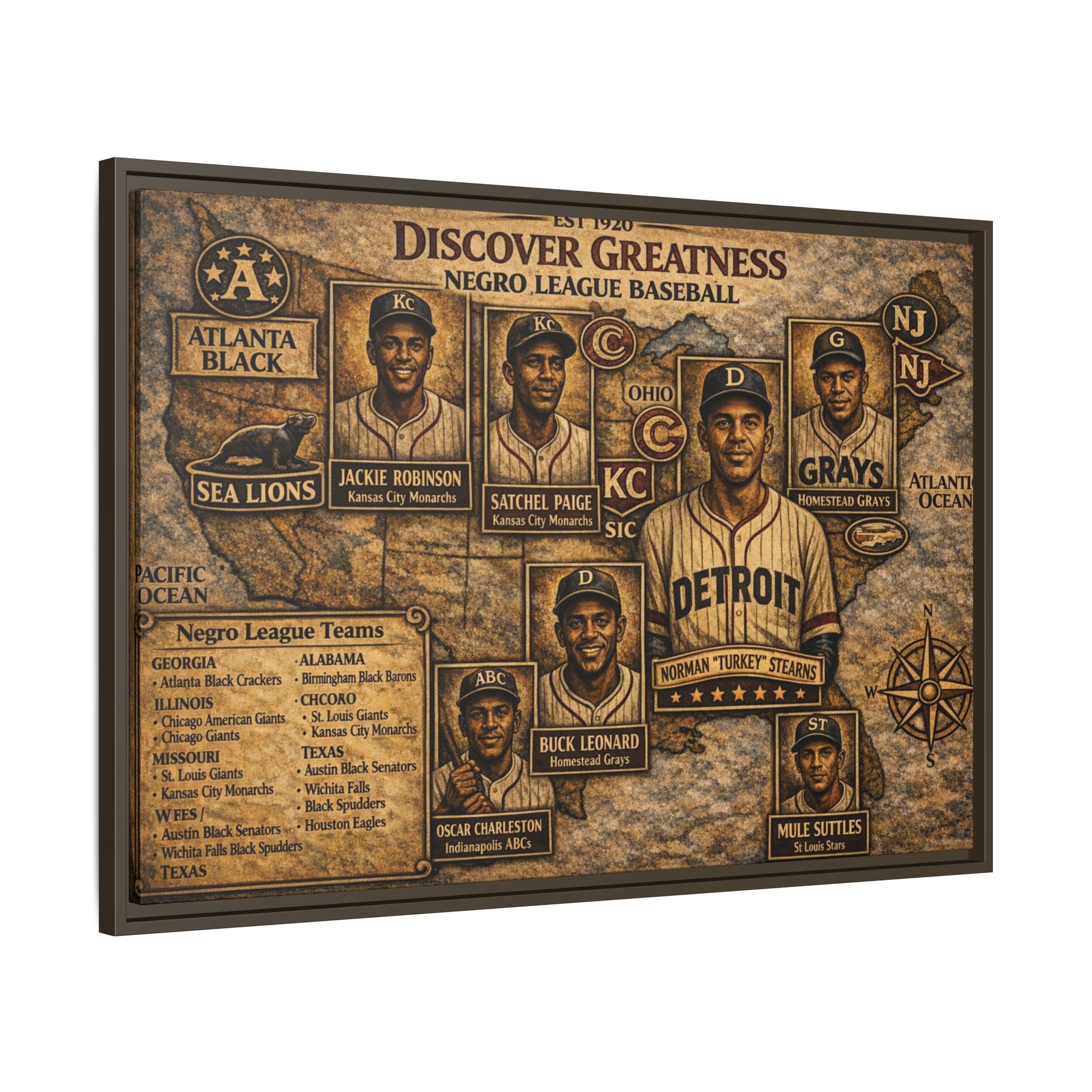 Negro League Baseball Vintage Canvas Print — "Discover Greatness" Framed Matte Artwork