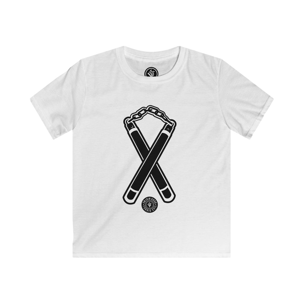 Kids T‑Shirt Nunchuck Enjoin Good X Forbid Evil — White Tee