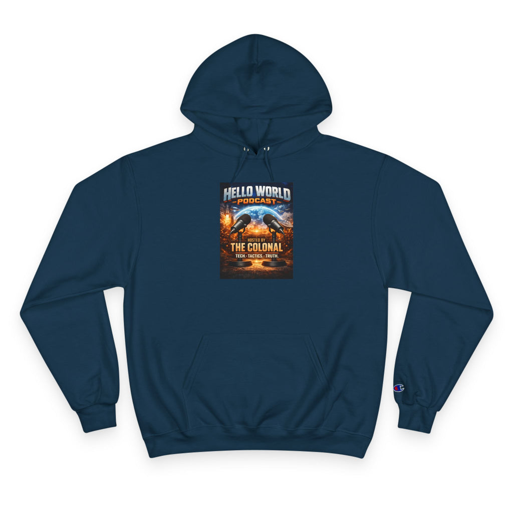 Hello World Podcast Hoodie — "Hosted by The Colonial" Graphic Pullover