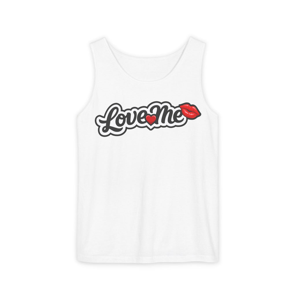 Love Me Tank Top — Retro Script with Heart & Kiss Graphic