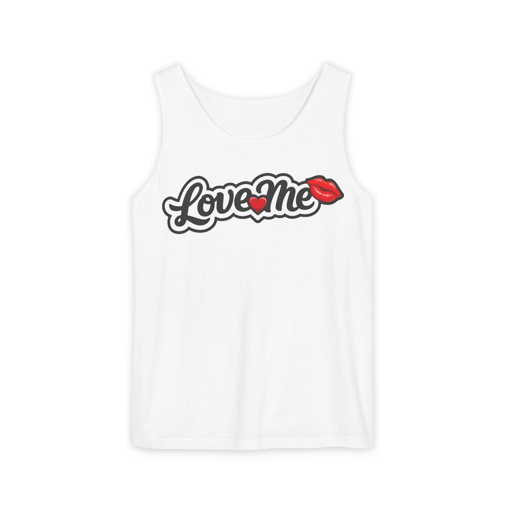 Love Me Tank Top — Retro Script with Heart & Kiss Graphic