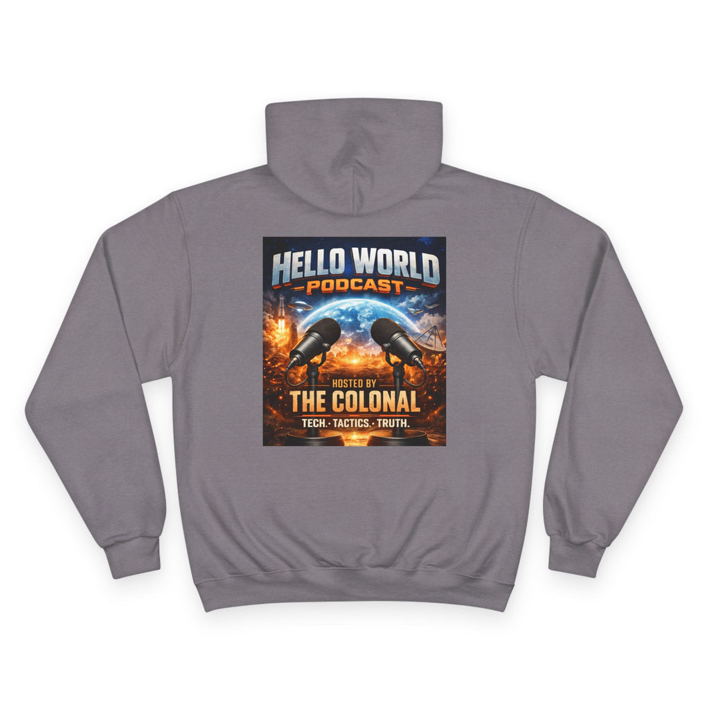 Hello World Podcast Hoodie — "Hosted by The Colonial" Graphic Pullover