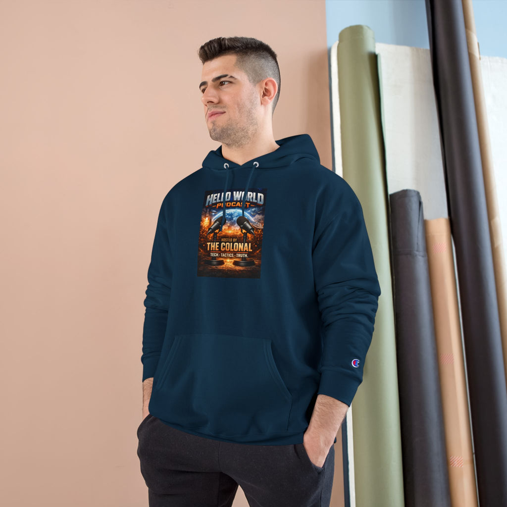 Hello World Podcast Hoodie — "Hosted by The Colonial" Graphic Pullover
