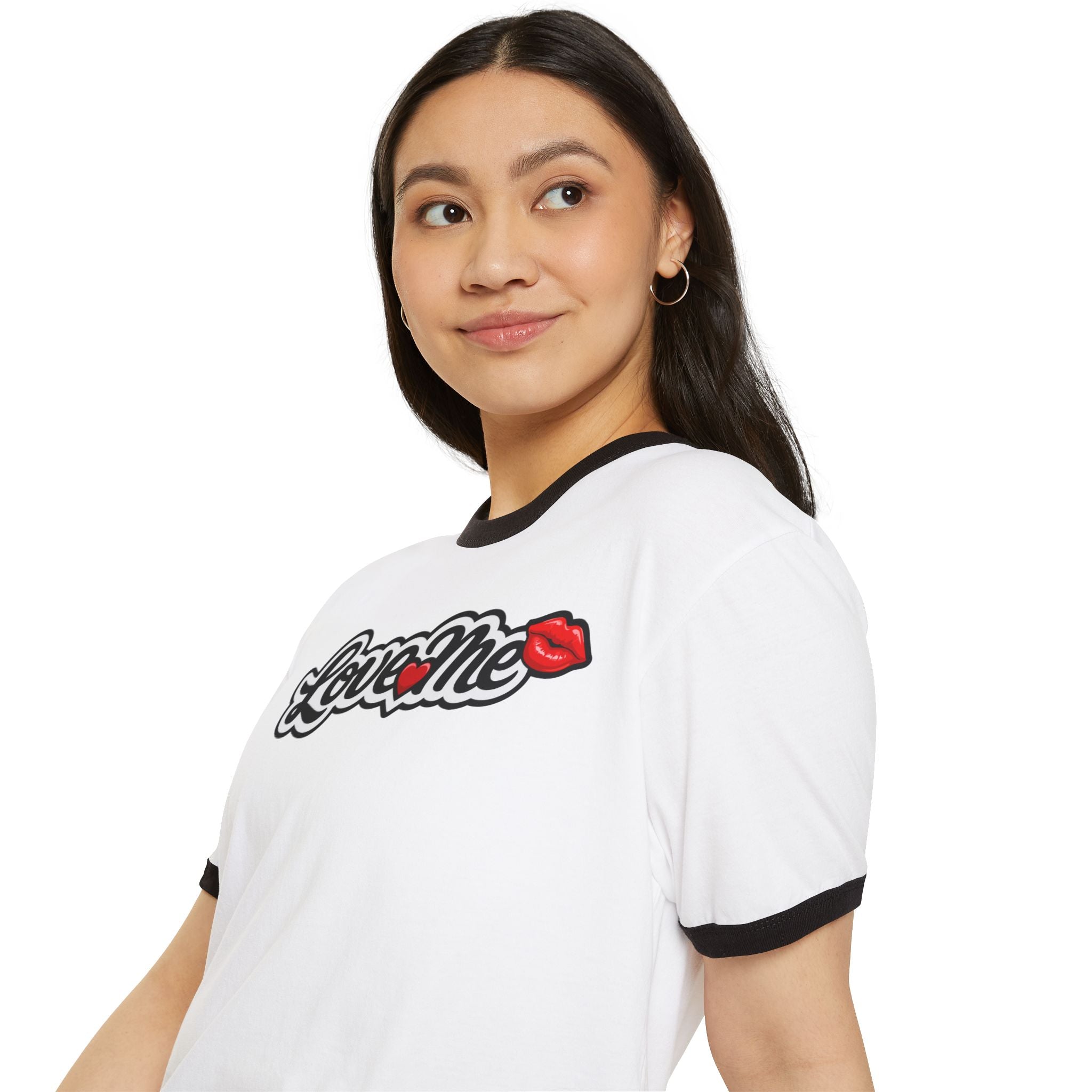 Love Me Ringer Tee — Retro Script with Kiss Graphic