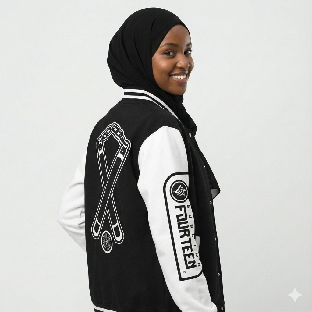 Sublime 14 Unisex Heavyweight Letterman Jacket — Black & White Emblem & Nunchucks Badge
