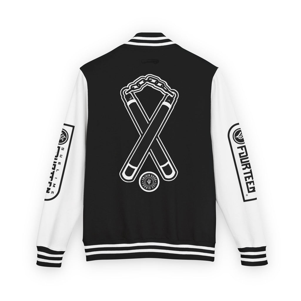 Sublime 14 Unisex Heavyweight Letterman Jacket — Black & White Emblem & Nunchucks Badge