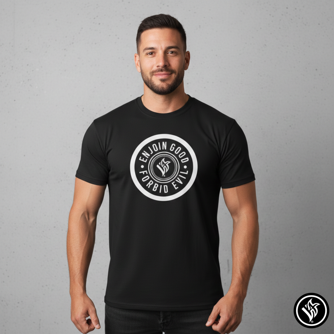 Emblem Enjoin Good X Forbid Evil — Black Tee