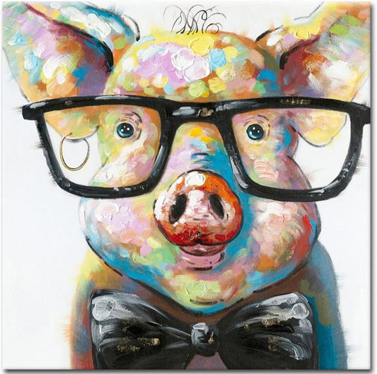 Happy Pig with Glasses Paintings for Living Room Hand Painted Canvas Wall Art for Living Room with Rasied Texture on Canvas Stretched Ready to Hang(24X24In)