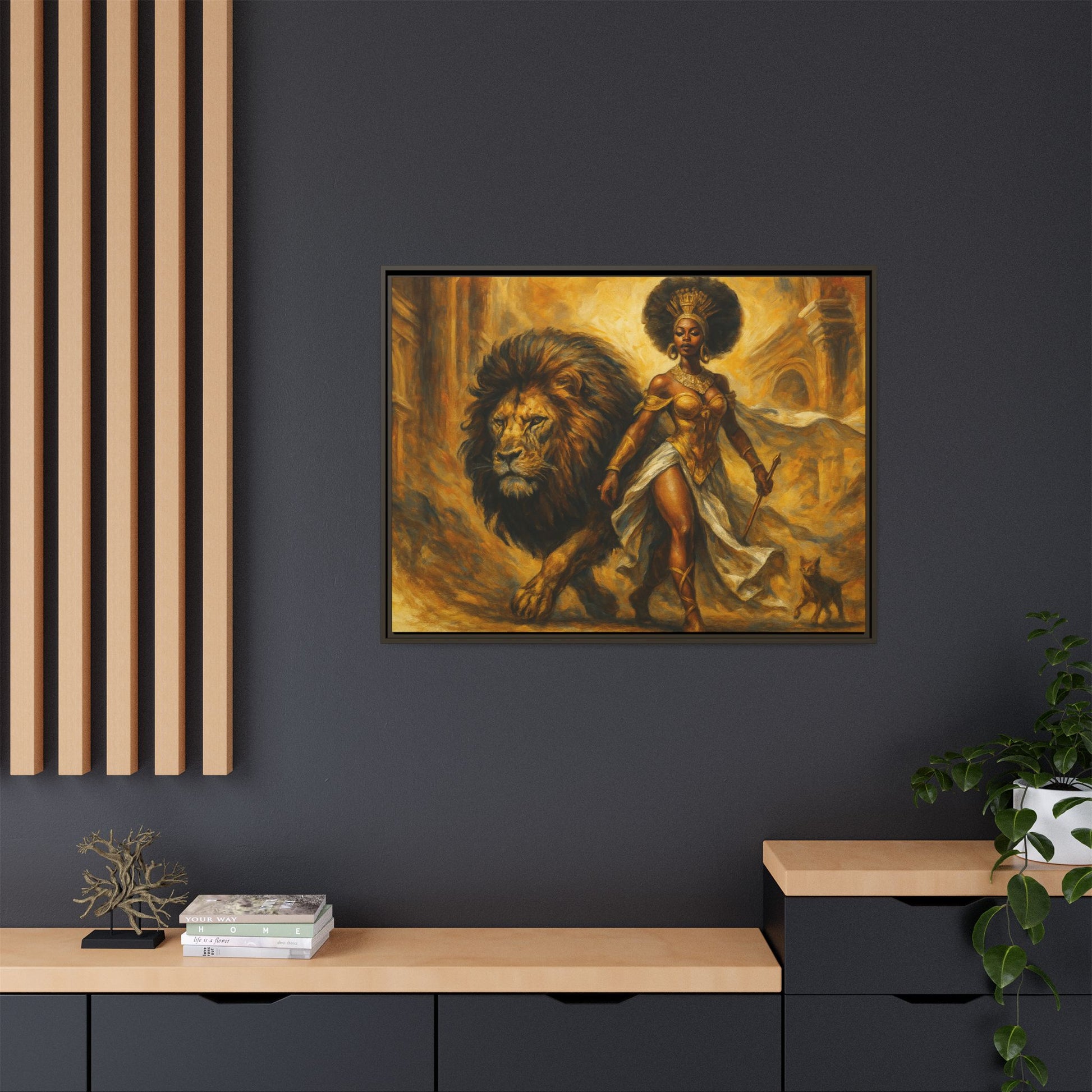Empowering Framed Art Print, Warrior Woman and Lion Wall Decor, Inspirational Artwork, African Heritage Gift, Home Office Decoration