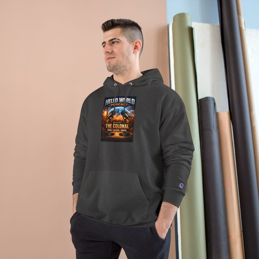 Hello World Podcast Hoodie — "Hosted by The Colonial" Graphic Pullover