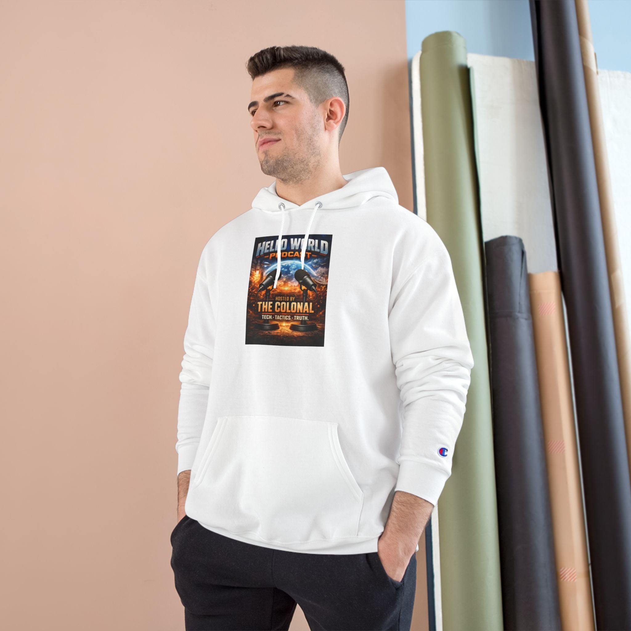 Hello World Podcast Hoodie — "Hosted by The Colonial" Graphic Pullover