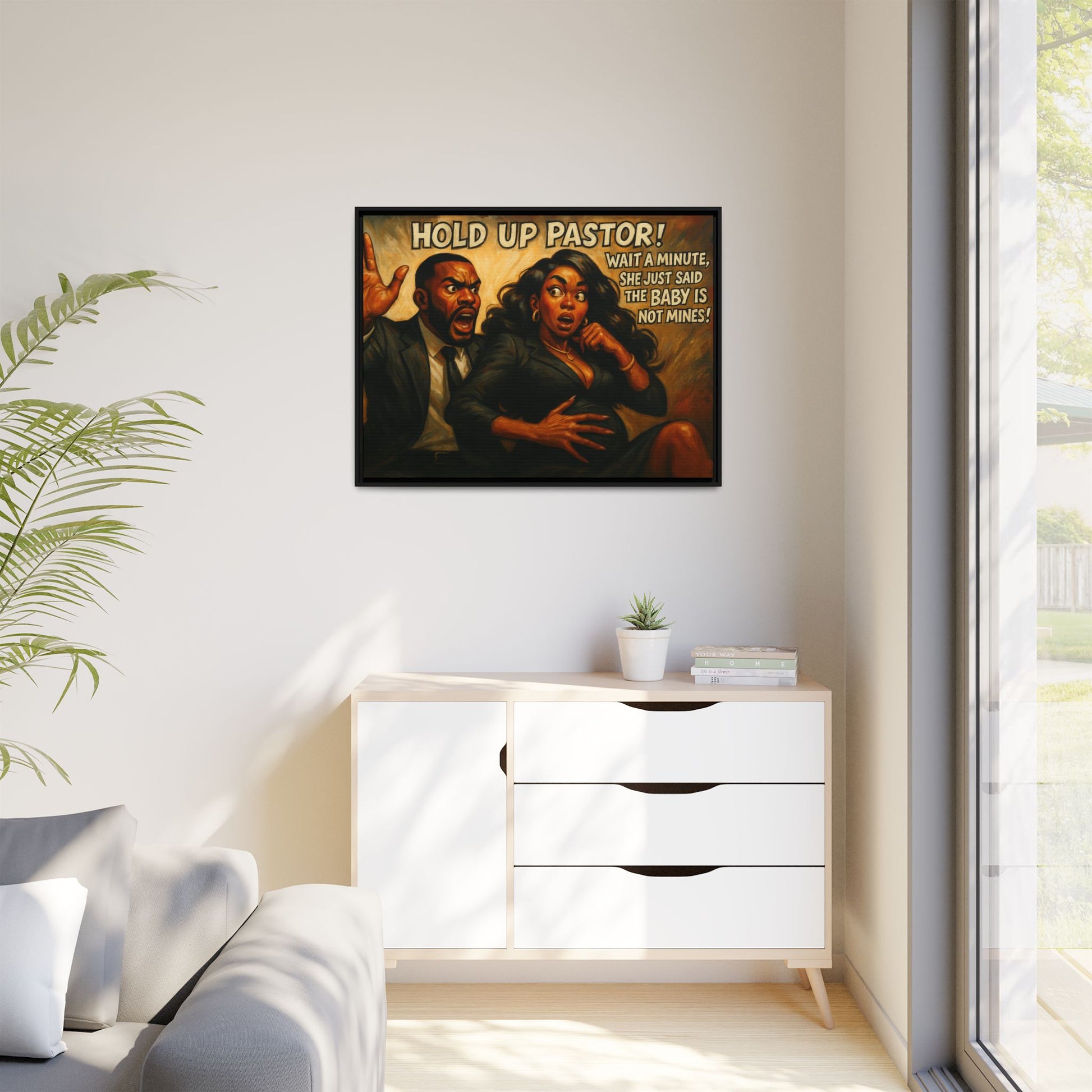 Bold Statement Canvas Art - 'Hold Up Pastor!' Framed Multi-Color Decor, Funny Wall Art, Office Humor, Gift Idea for Friends