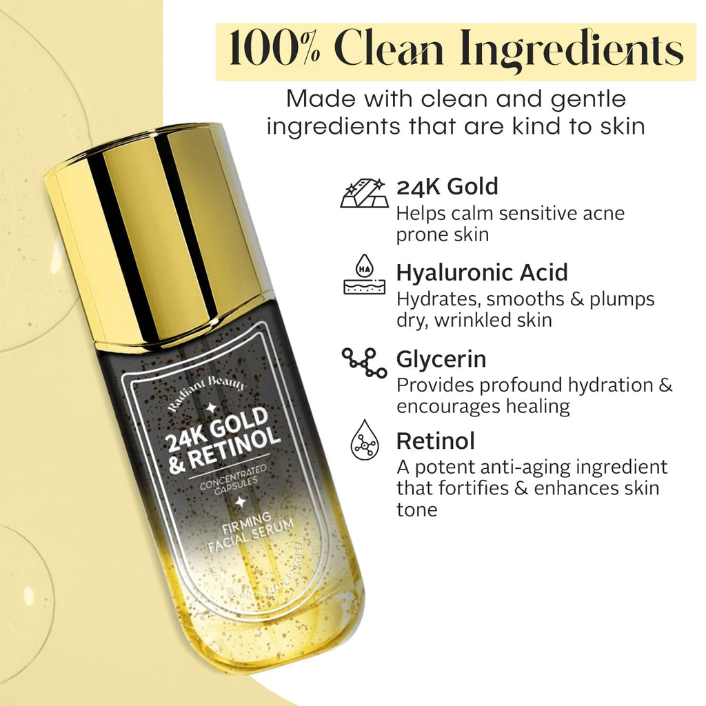 24K Gold & Retinol Firming Serum - Moisturizing, & Protecting - Reduces Dark Spots & Wrinkles - Dermatologist Tested, Korean Skin Care - 1.69 FL.OZ.