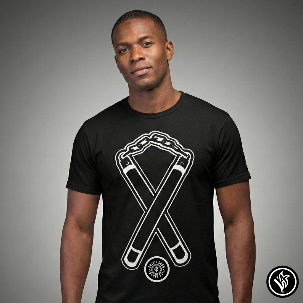 Nunchuck Enjoin Good X Forbid Evil — Black Tee